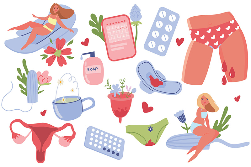 Ilustração com ícones de higiene menstrual: absorvente interno e externo, calcinha absorvente, sabonete íntimo, entre outros.