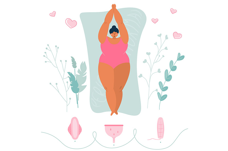 Ilustração de mulher e tipos de absorventes menstruais