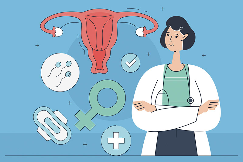 Ilustração de médica ginecologista. Ao lado dela desenhos de útero, absorvente menstrual, espermatozoides e o símbolo do sexo feminino