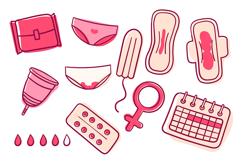 Ilustração com absorventes, pílulas, coletor, calendário e calcinhas em artigo sobre Dia da Menstruação