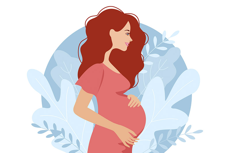 Ilustração de mulher de cabelos ruivos grávida para artigo sobre endométrio, cuja principal função é preparar o útero para a gestação