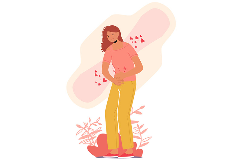 Ilustração de mulher com as mãos na barriga, como se sentisse cólica menstrual. Atrás dela um abrosvente menstrual