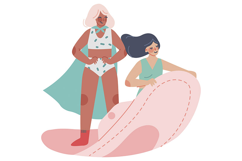 Ilustração de duas adolescentes sobre absorvente menstrual. Uma delas veste uma capa de super heroína
