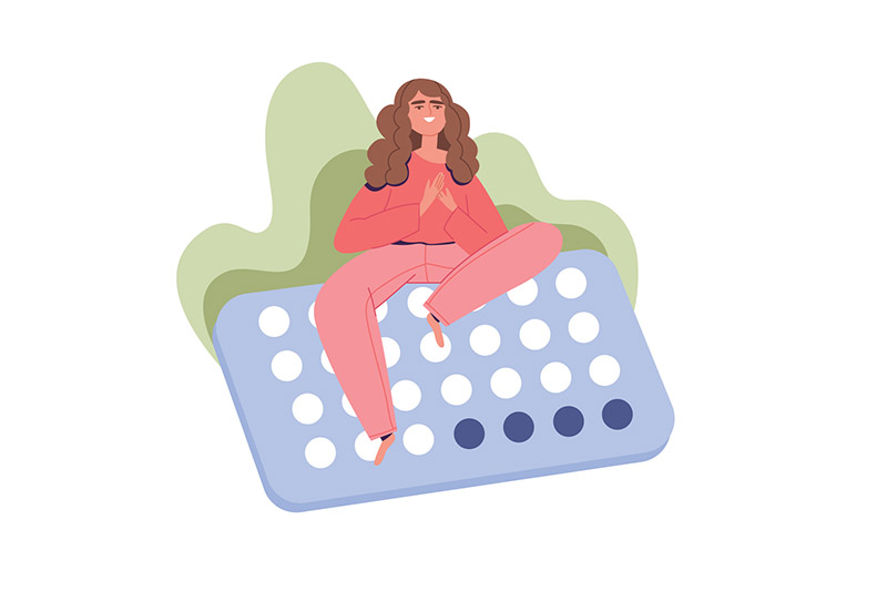 Ilustração de menina sobre cartela de minipílula anticoncepcional