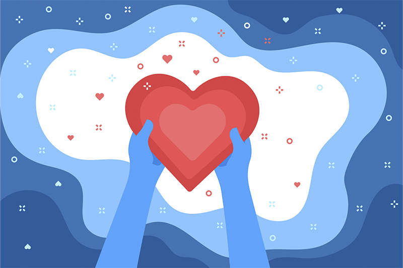 Ilustração de mãos segurando um coração vermelho em fundo azul e branco, para artigo que mostra que pode doar sangue menstruada