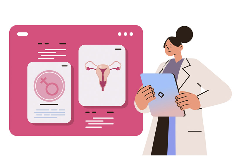 Ilustração de médica ginecologista com prancheta na mão. Ao seu lado ícone de útero e o símbolo do sexo feminino