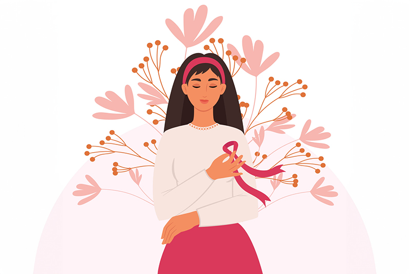 Ilustração de mulher de cabelos longos e escuros segurando fita que simboliza o câncer de mama. Ao seu redor há flores